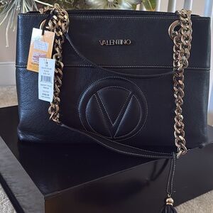 Valentino Black Leather Shoulder Bag with Gold Chain
